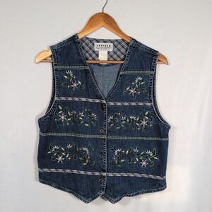Vintage Jantzen Classics Denim Vest Women's M Blue Embroidered Floral Design